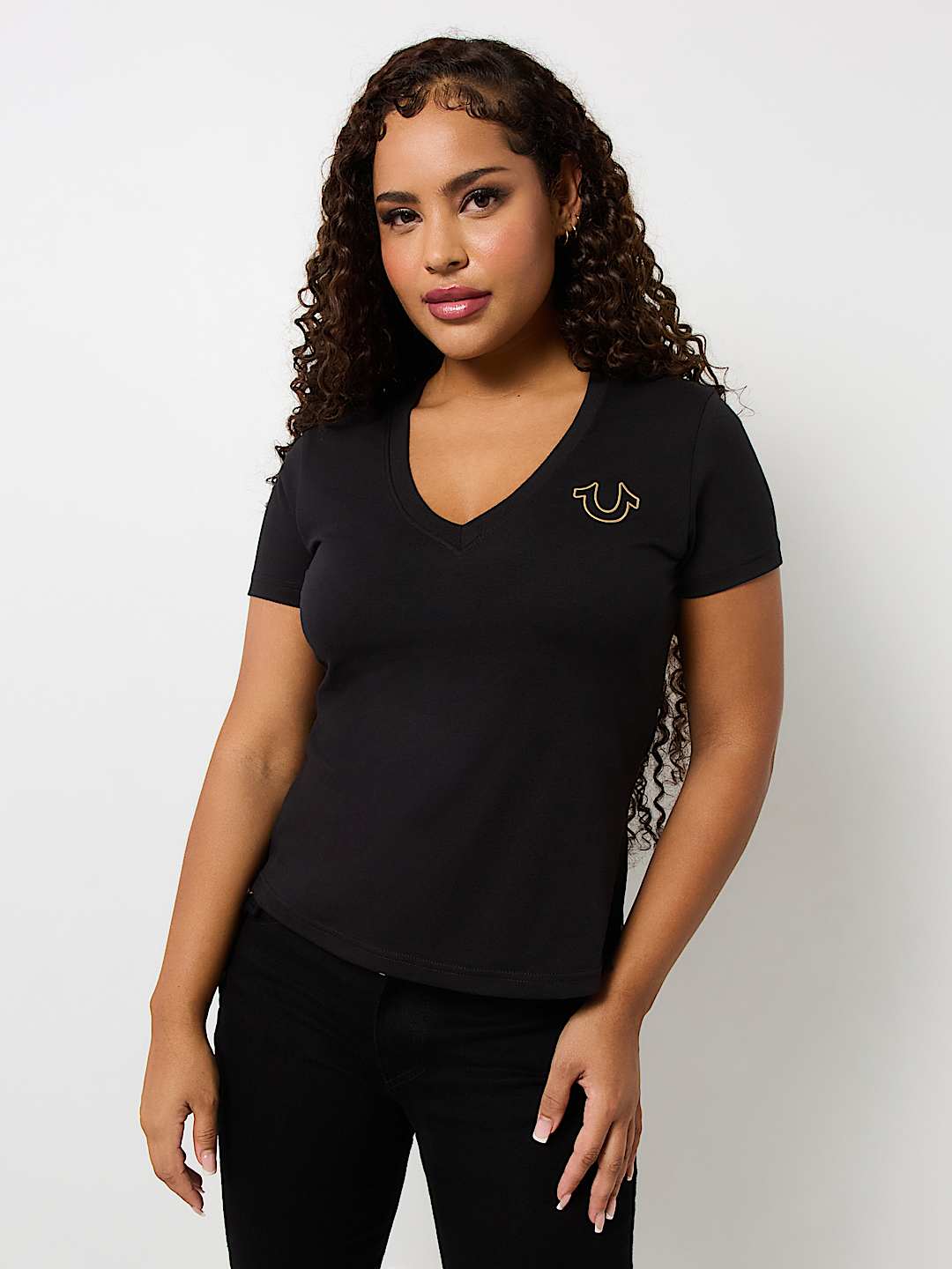 METALLIC FLORAL HORSESHOE V NECK TEE, image 2