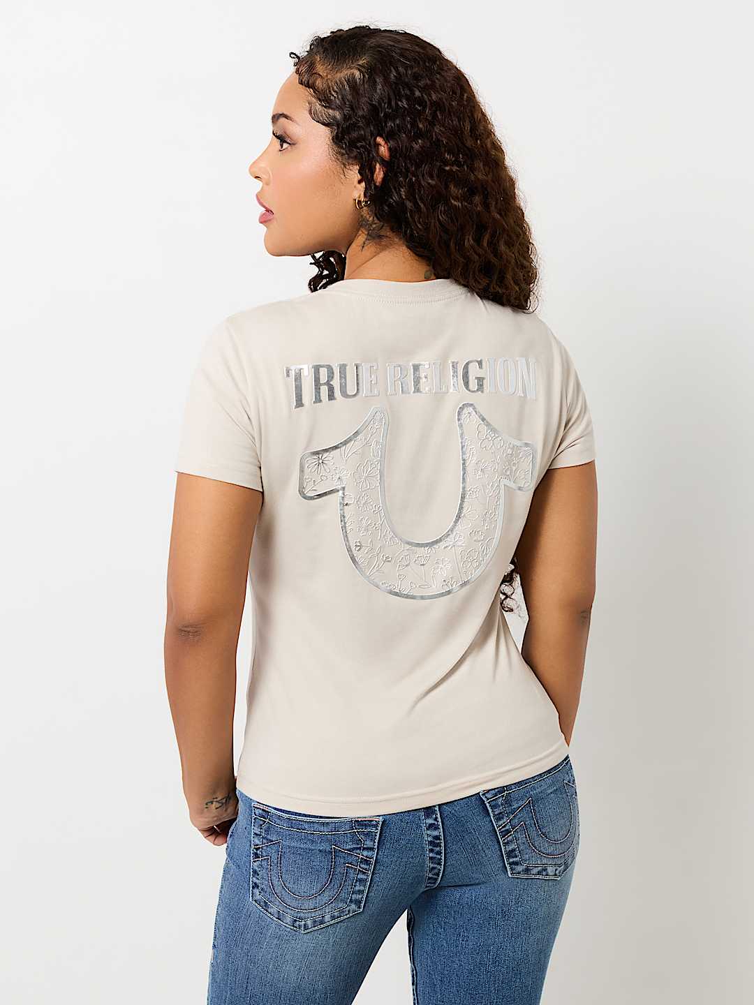 METALLIC FLORAL HORSESHOE V NECK TEE, image 5