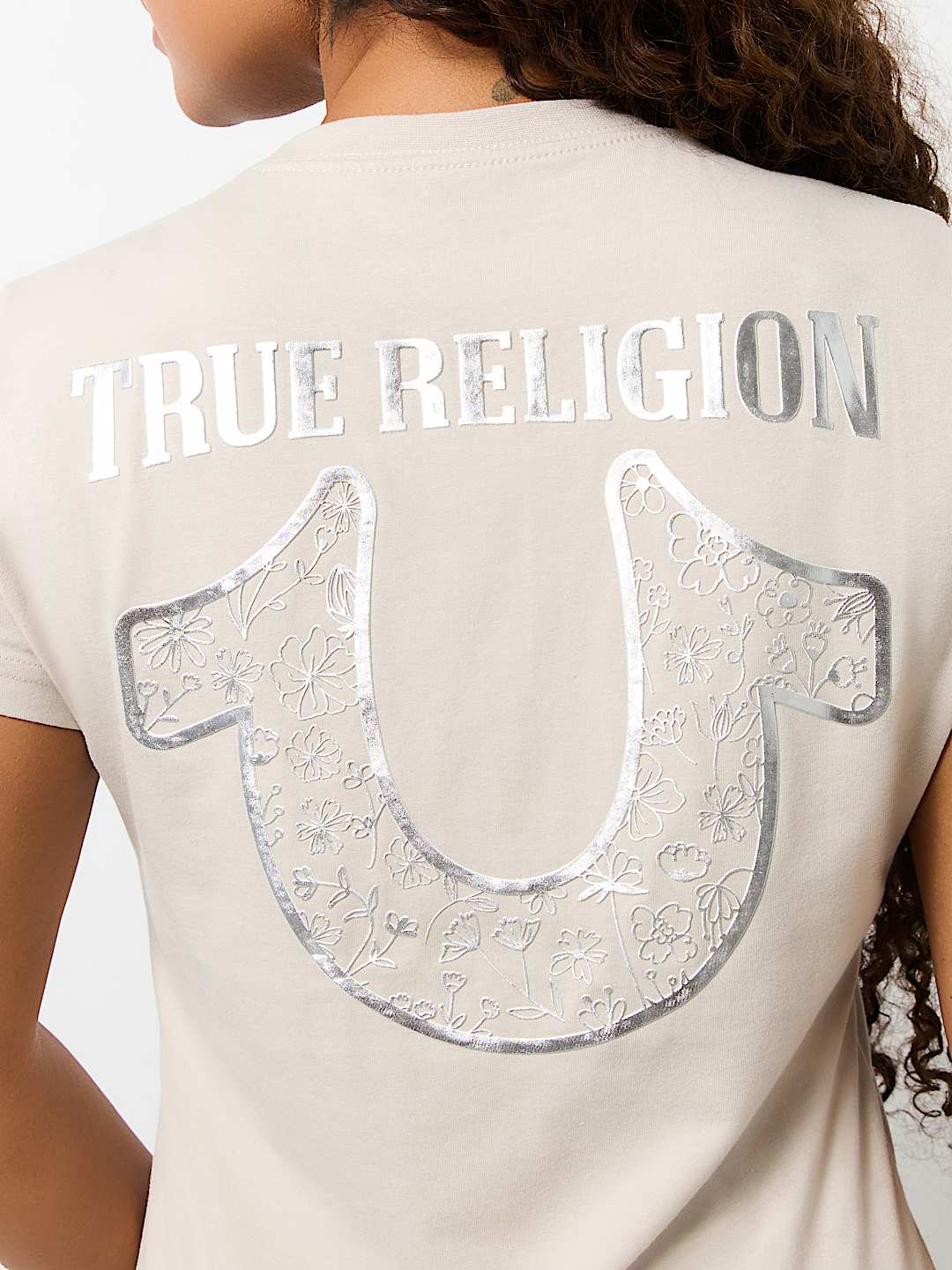 METALLIC FLORAL HORSESHOE V NECK TEE, image 1