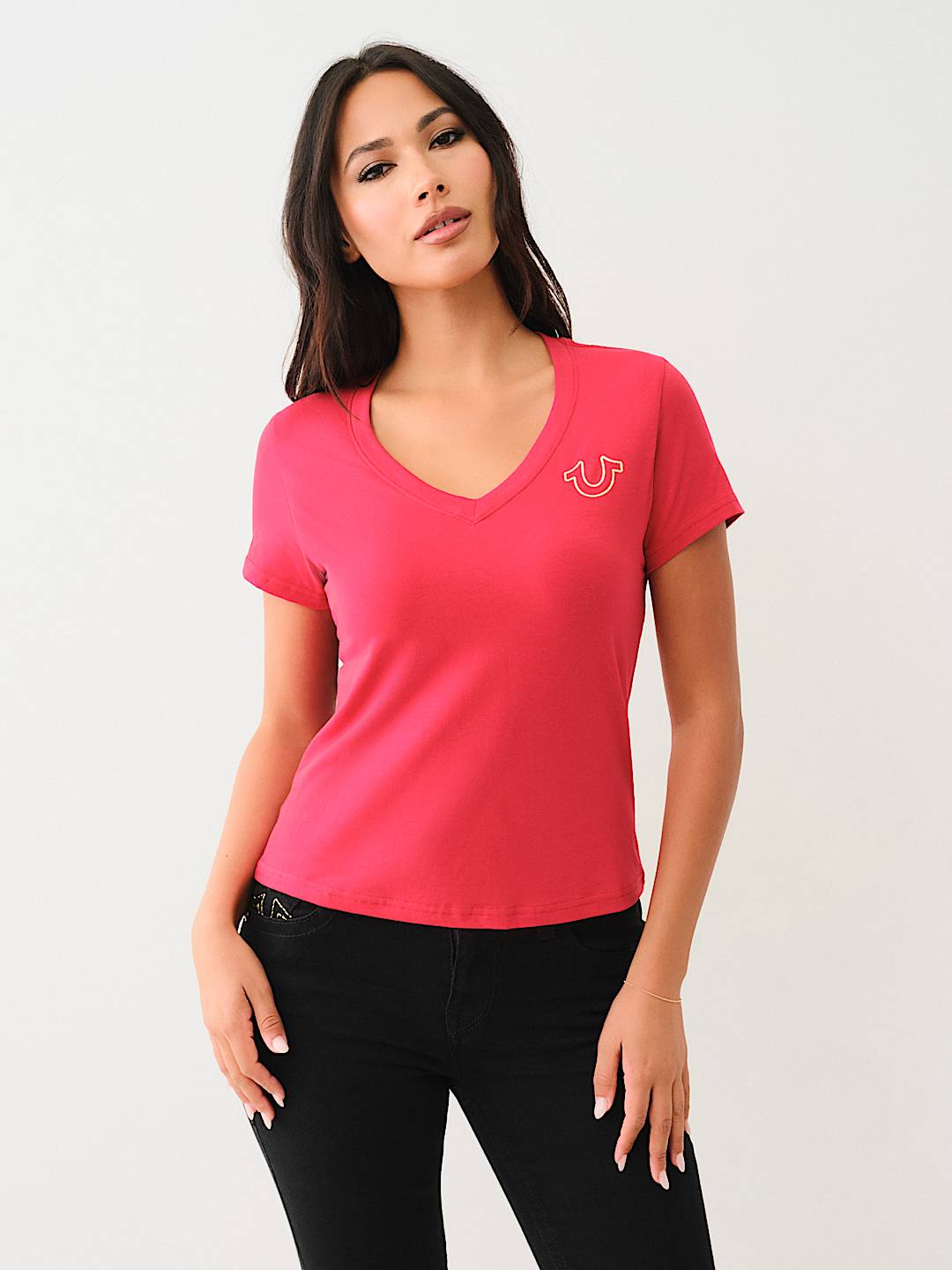 METALLIC FLORAL HORSESHOE V NECK TEE, image 2