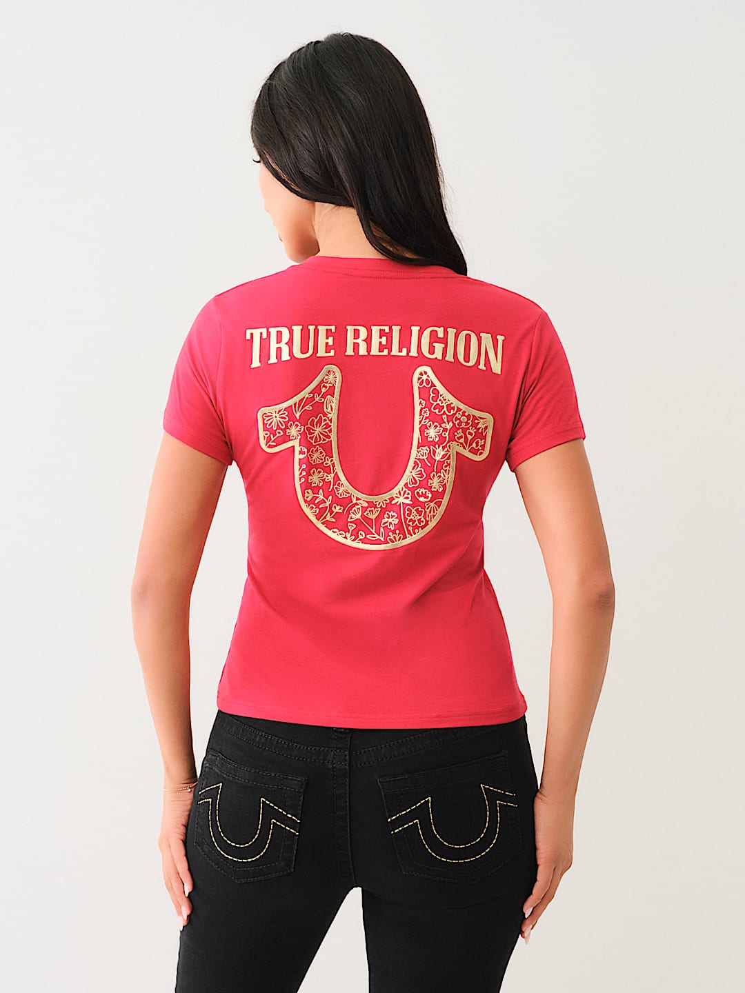 METALLIC FLORAL HORSESHOE V NECK TEE, image 1
