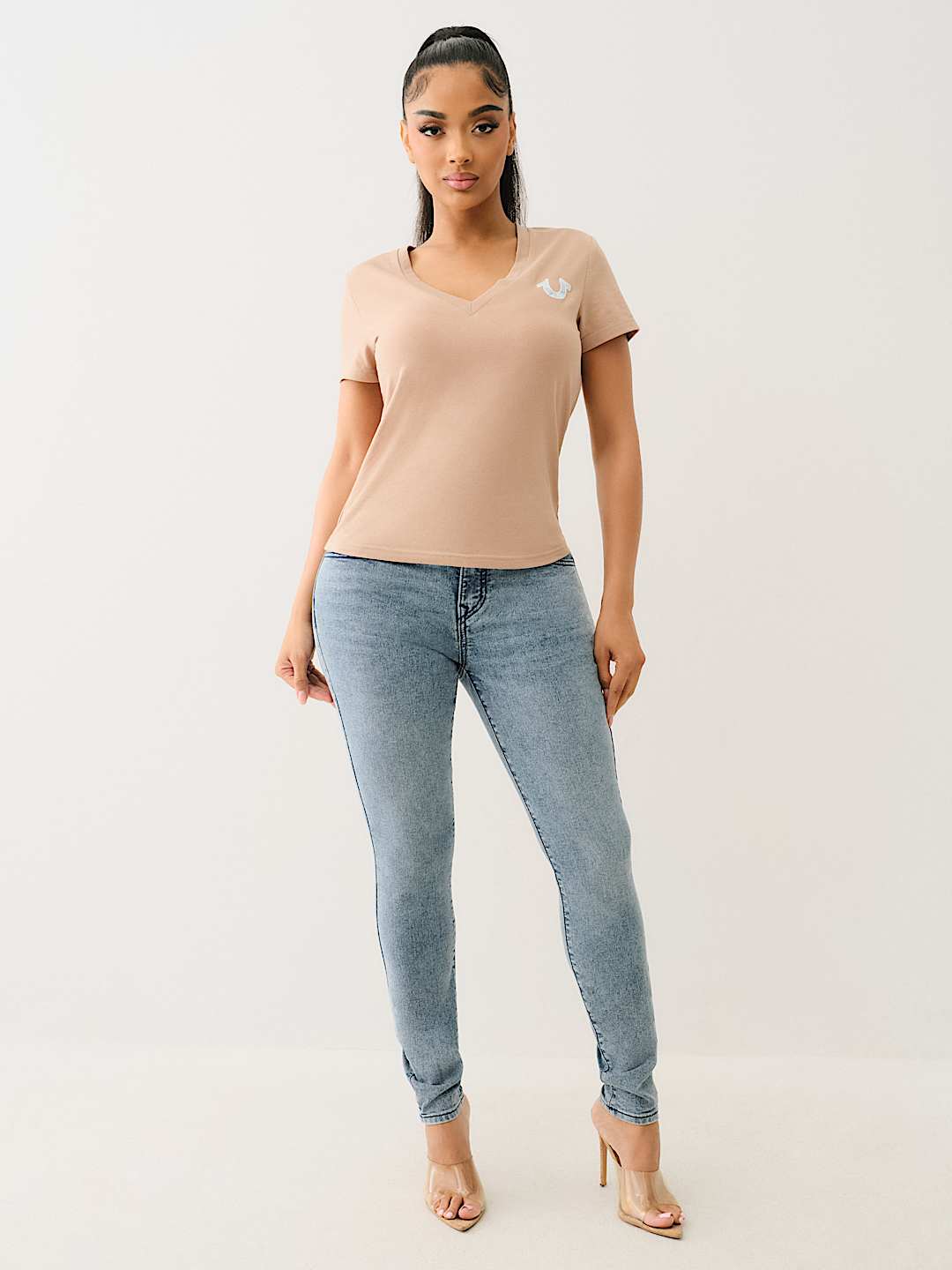 TROPICAL DENIM HORSESHOE V NECK TEE, image 3