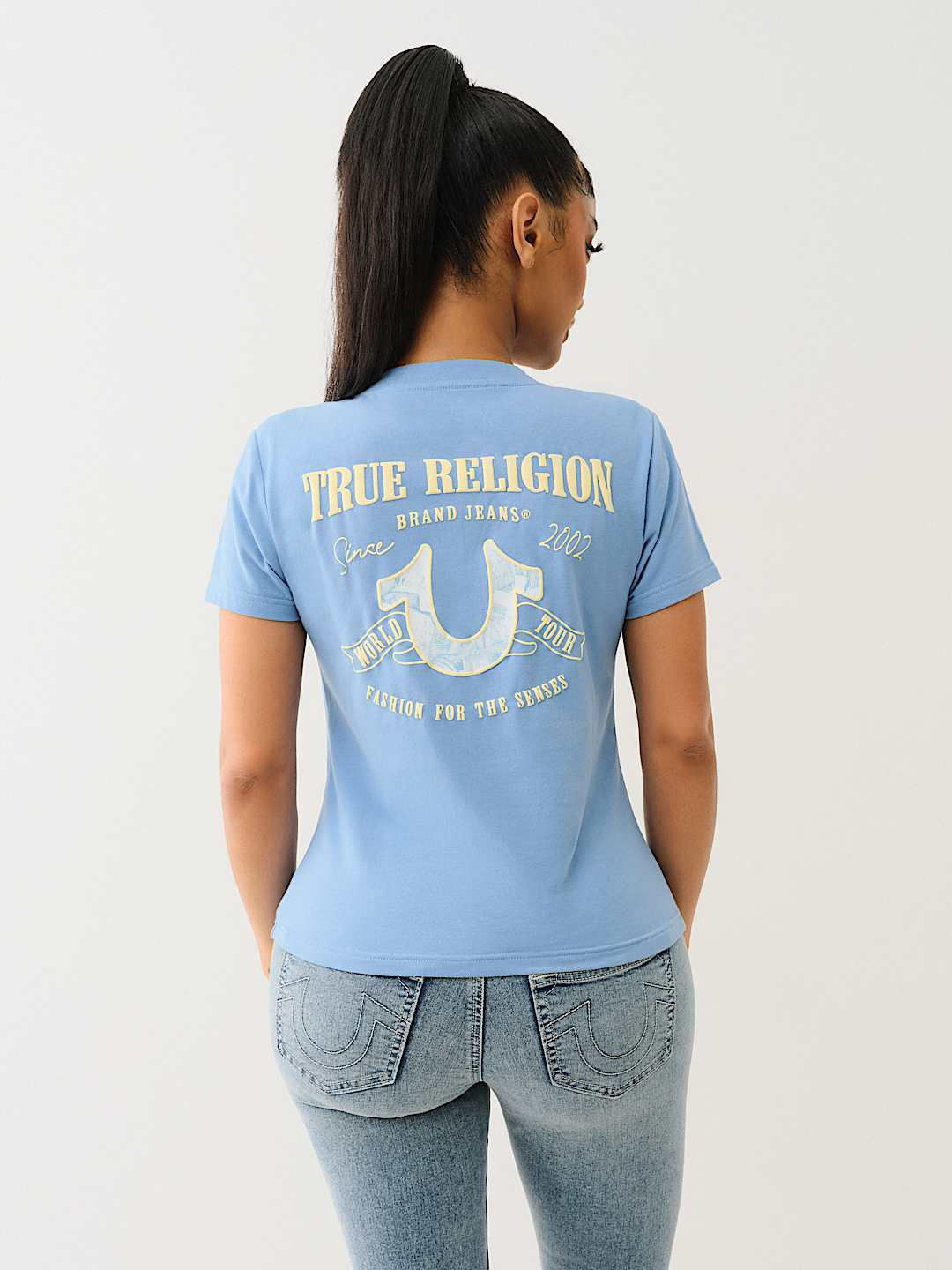 TROPICAL DENIM HORSESHOE V NECK TEE