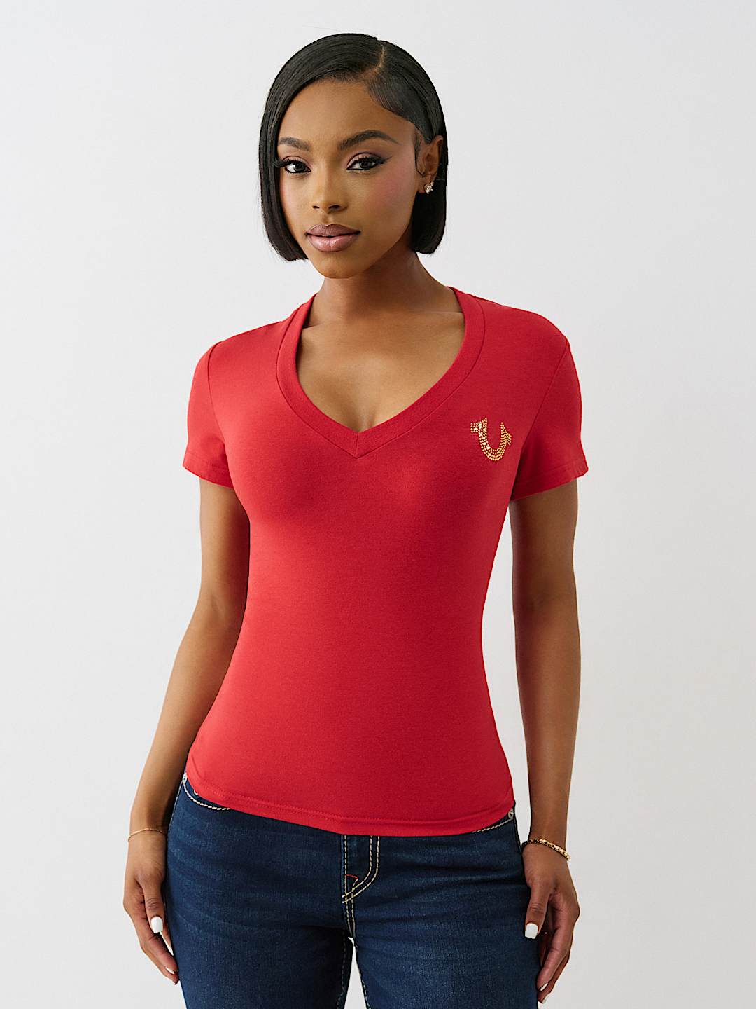 CRYSTAL WINGED HORSESHOE V NECK TEE, image 2