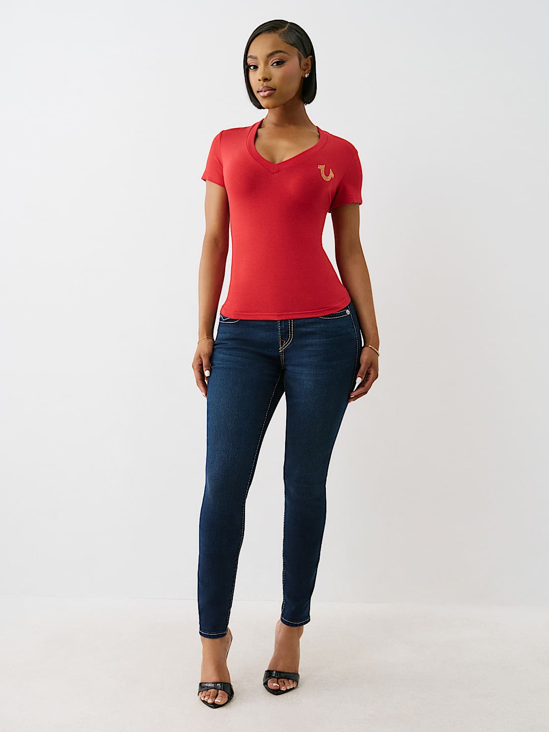 CRYSTAL WINGED HORSESHOE V NECK TEE, image 3