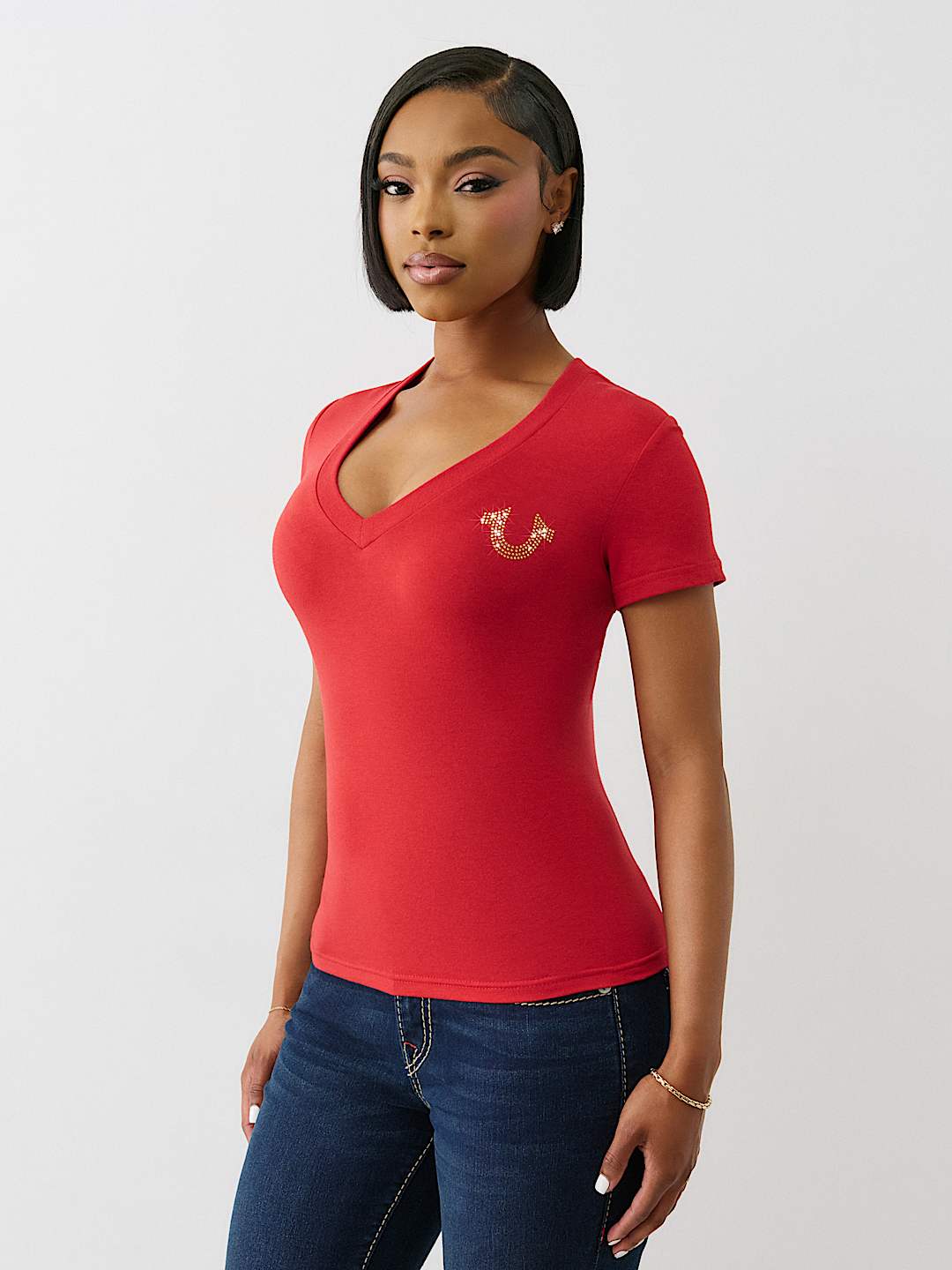 CRYSTAL WINGED HORSESHOE V NECK TEE, image 4