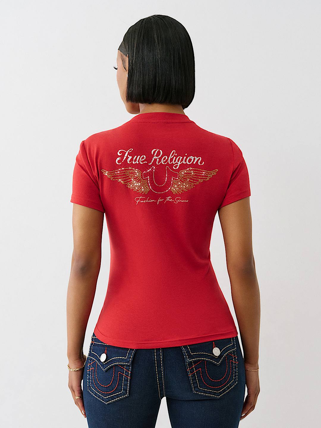 CRYSTAL WINGED HORSESHOE V NECK TEE, image 5
