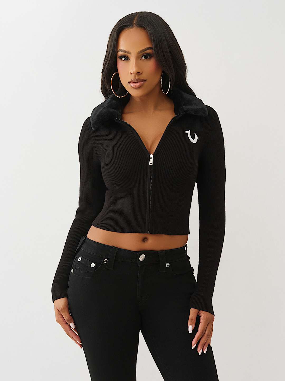 RIBBED FAUX FUR ZIP SWEATER, image 1