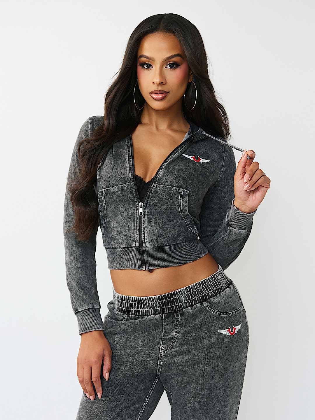 HORSESHOE WING FAUX DENIM HOODIE, image 2