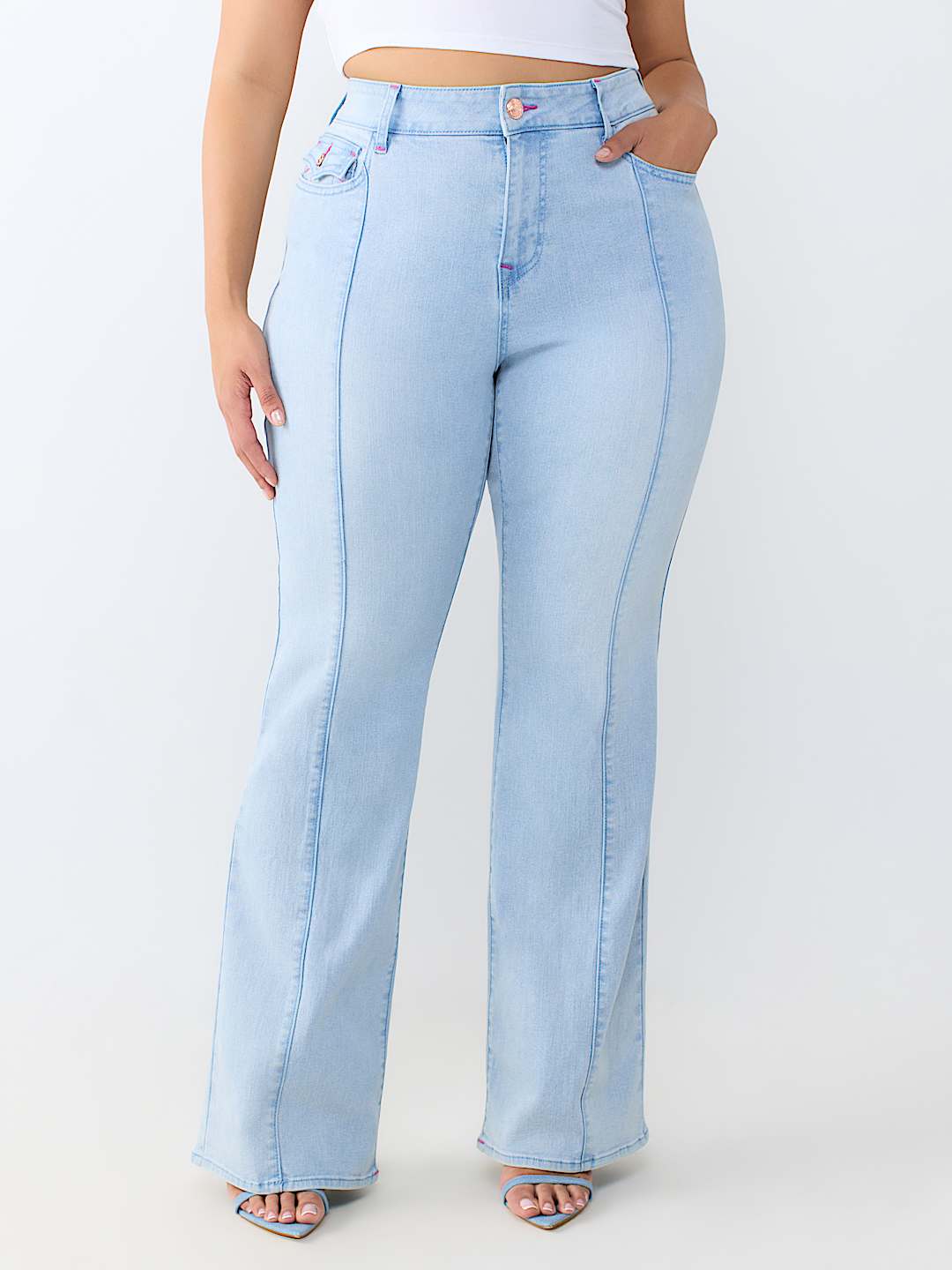 PLUS BECCA MID RISE SEAMED FLAP BOOTCUT JEAN