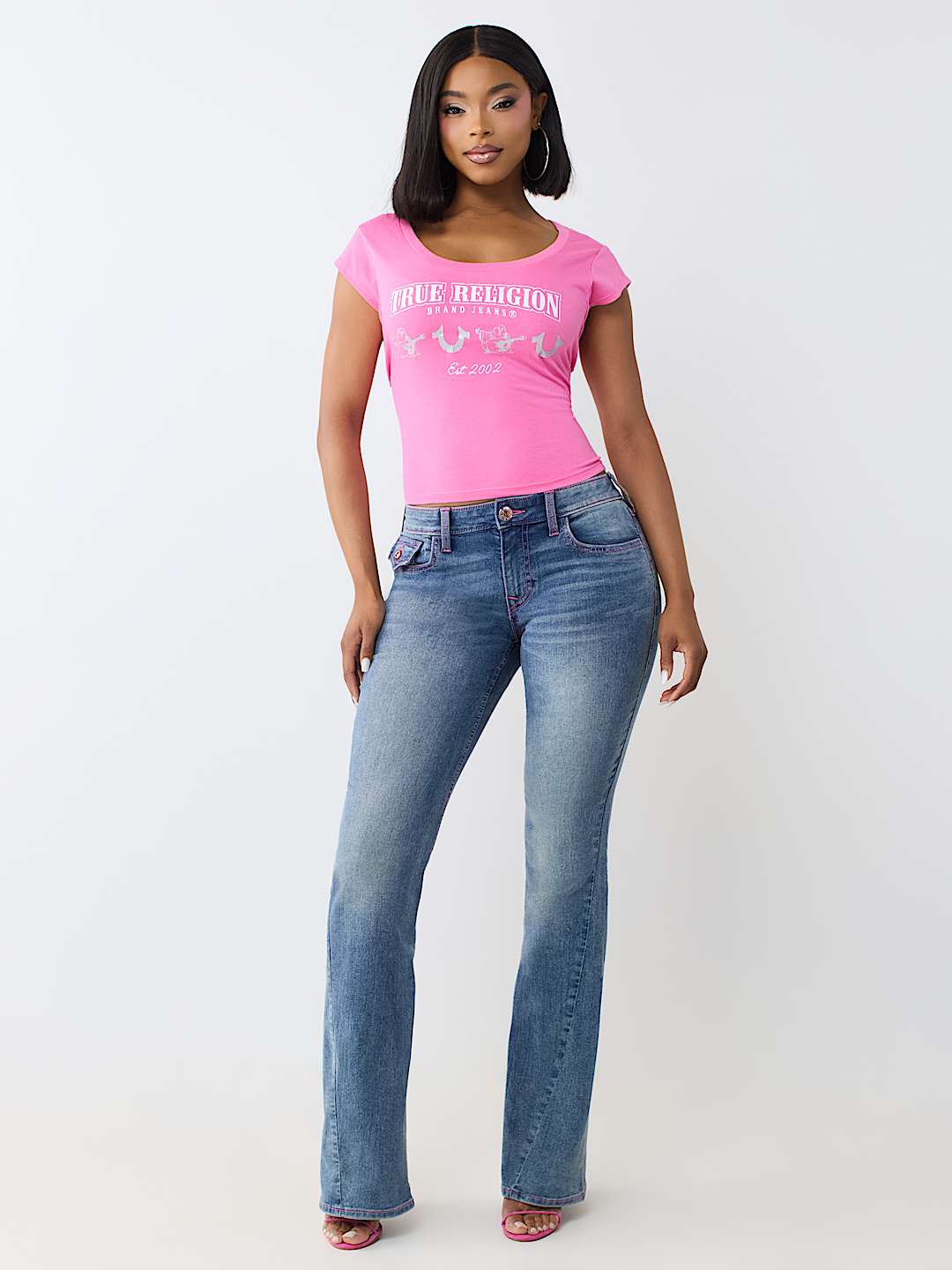 JOEY MID RISE HORSESHOE LADDER STITCH FLAP FLARE JEAN