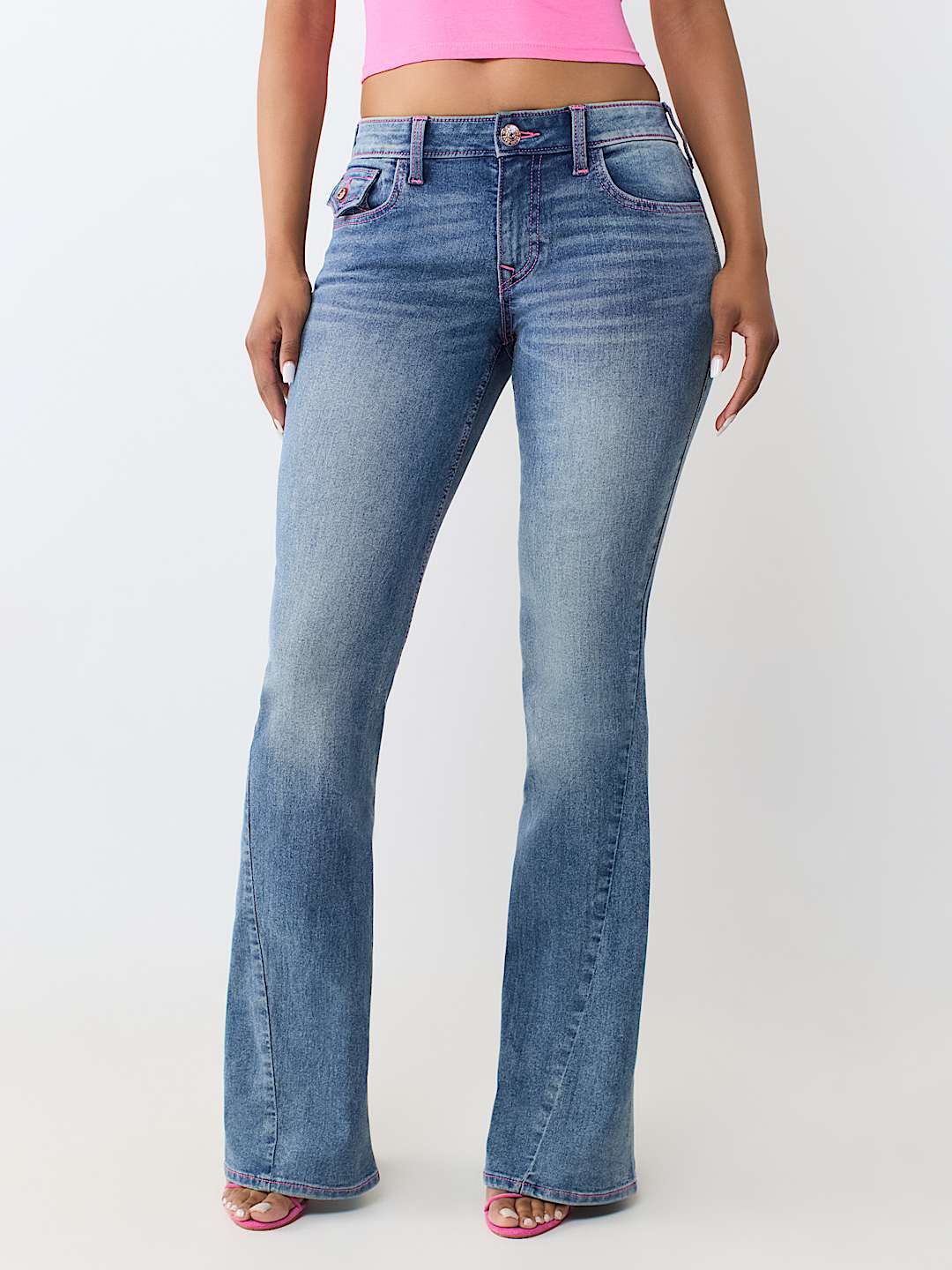 JOEY MID RISE HORSESHOE LADDER STITCH FLAP FLARE JEAN