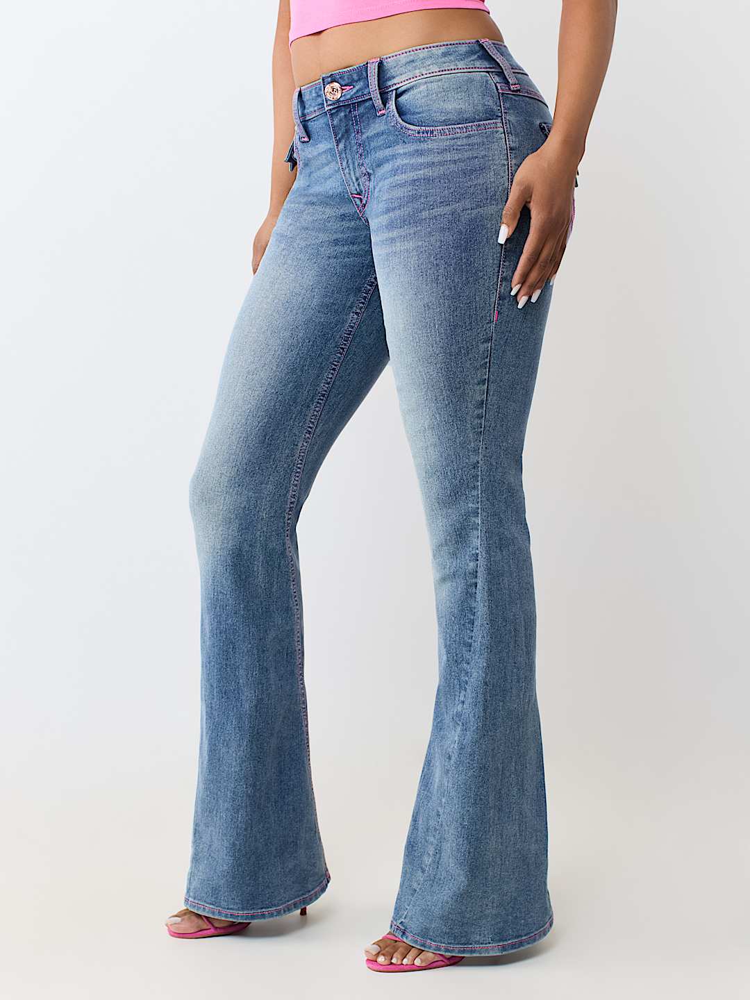JOEY MID RISE HORSESHOE LADDER STITCH FLAP FLARE JEAN