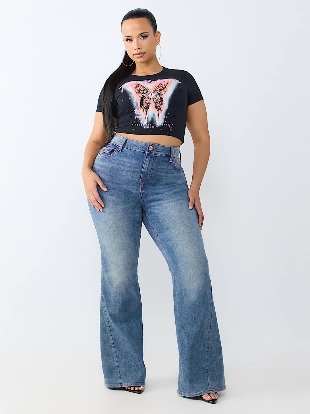 PLUS JOEY MID RISE HORSESHOE LADDER STITCH FLAP FLARE JEAN