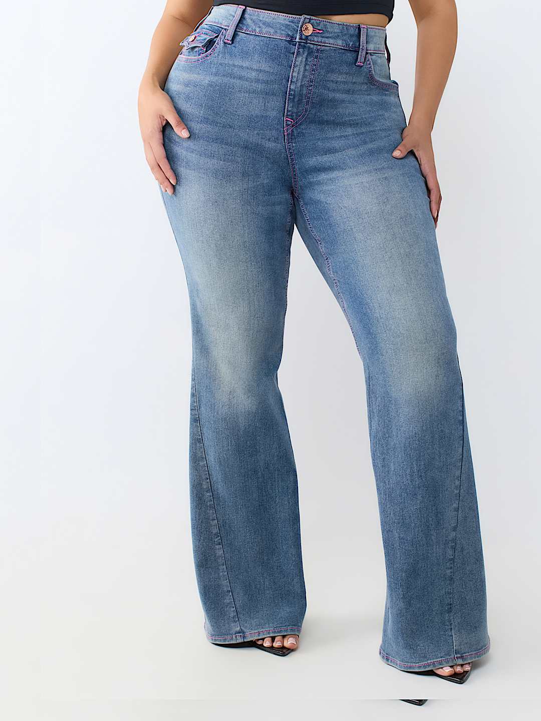 PLUS JOEY MID RISE HORSESHOE LADDER STITCH FLAP FLARE JEAN