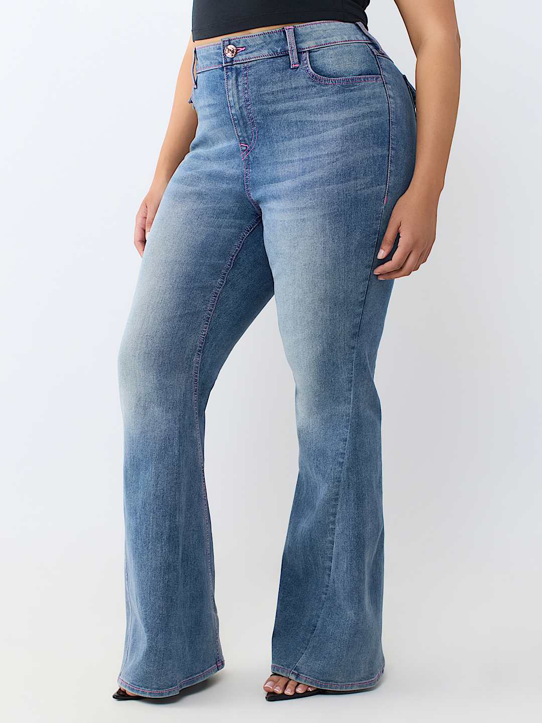 PLUS JOEY MID RISE HORSESHOE LADDER STITCH FLAP FLARE JEAN