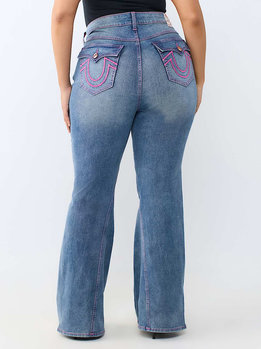 PLUS JOEY MID RISE HORSESHOE LADDER STITCH FLAP FLARE JEAN
