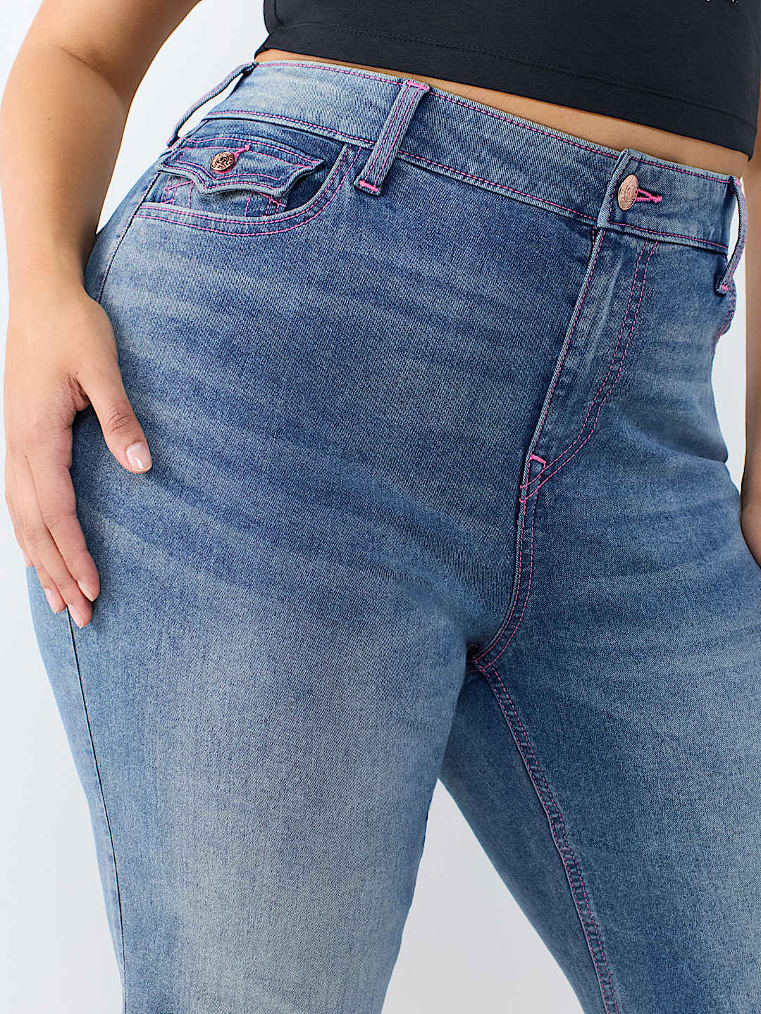 PLUS JOEY MID RISE HORSESHOE LADDER STITCH FLAP FLARE JEAN
