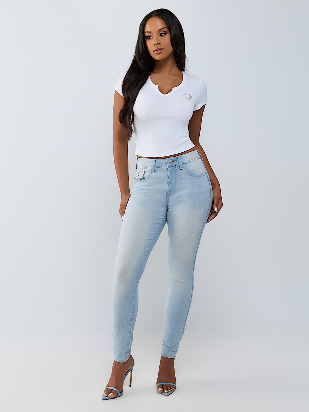 JENNIE MID RISE CRYSTAL HORSESHOE FLAP CURVY SKINNY JEAN