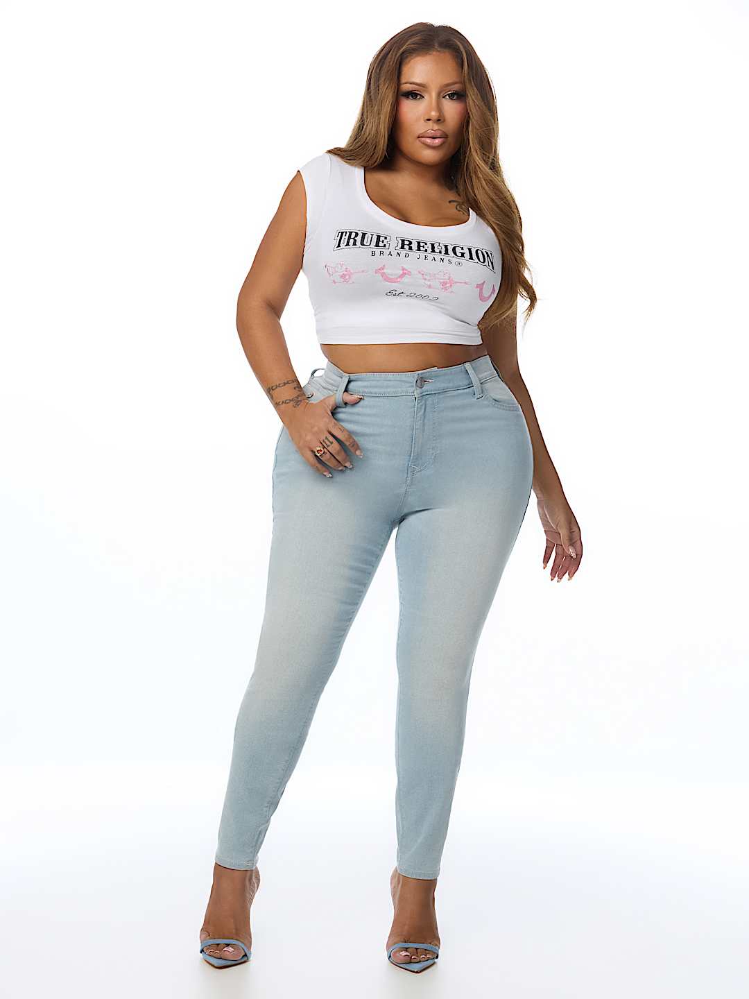 PLUS JENNIE MID RISE CRYSTAL HORSESHOE FLAP CURVY SKINNY JEAN