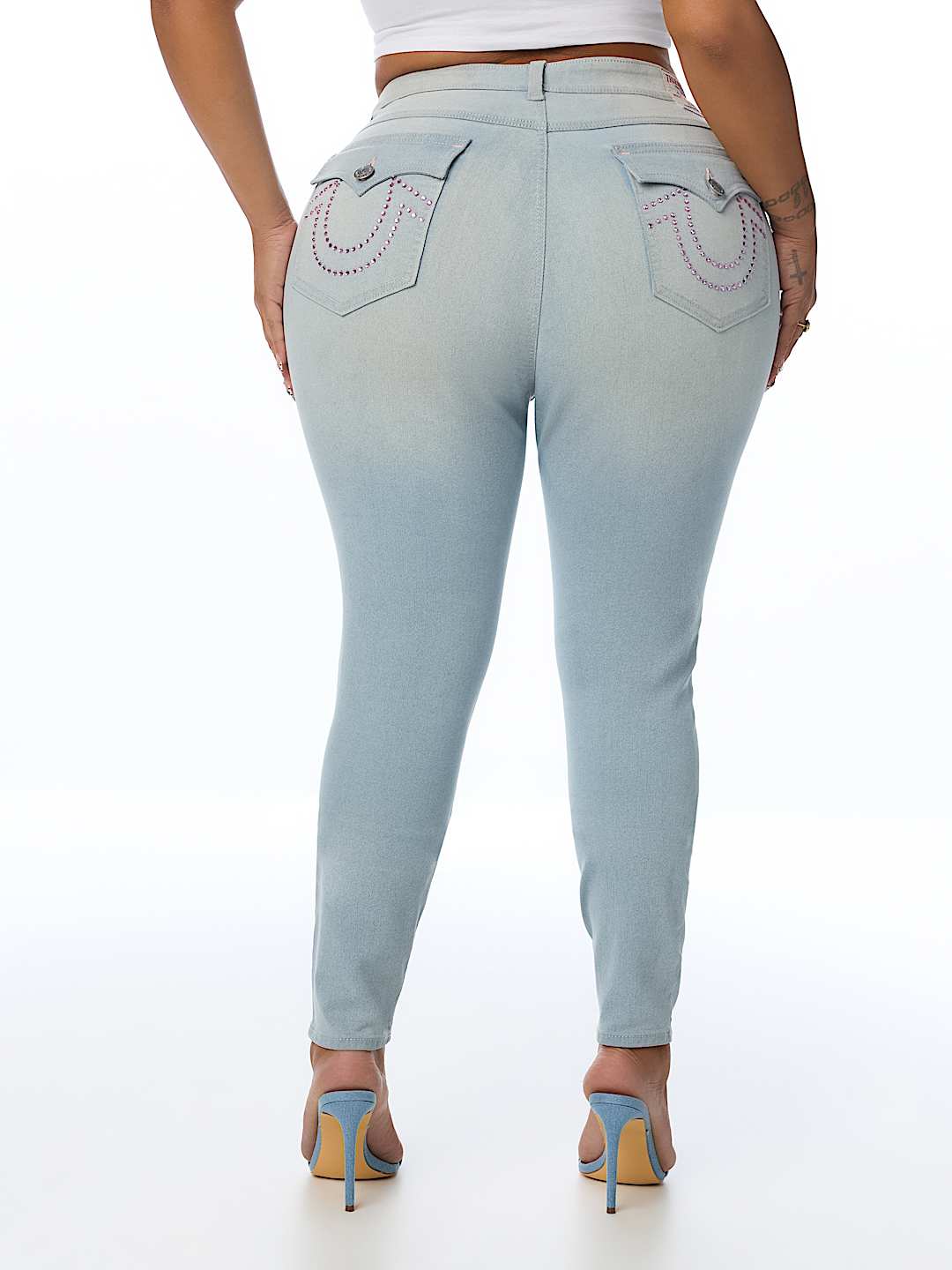 PLUS JENNIE MID RISE CRYSTAL HORSESHOE FLAP CURVY SKINNY JEAN