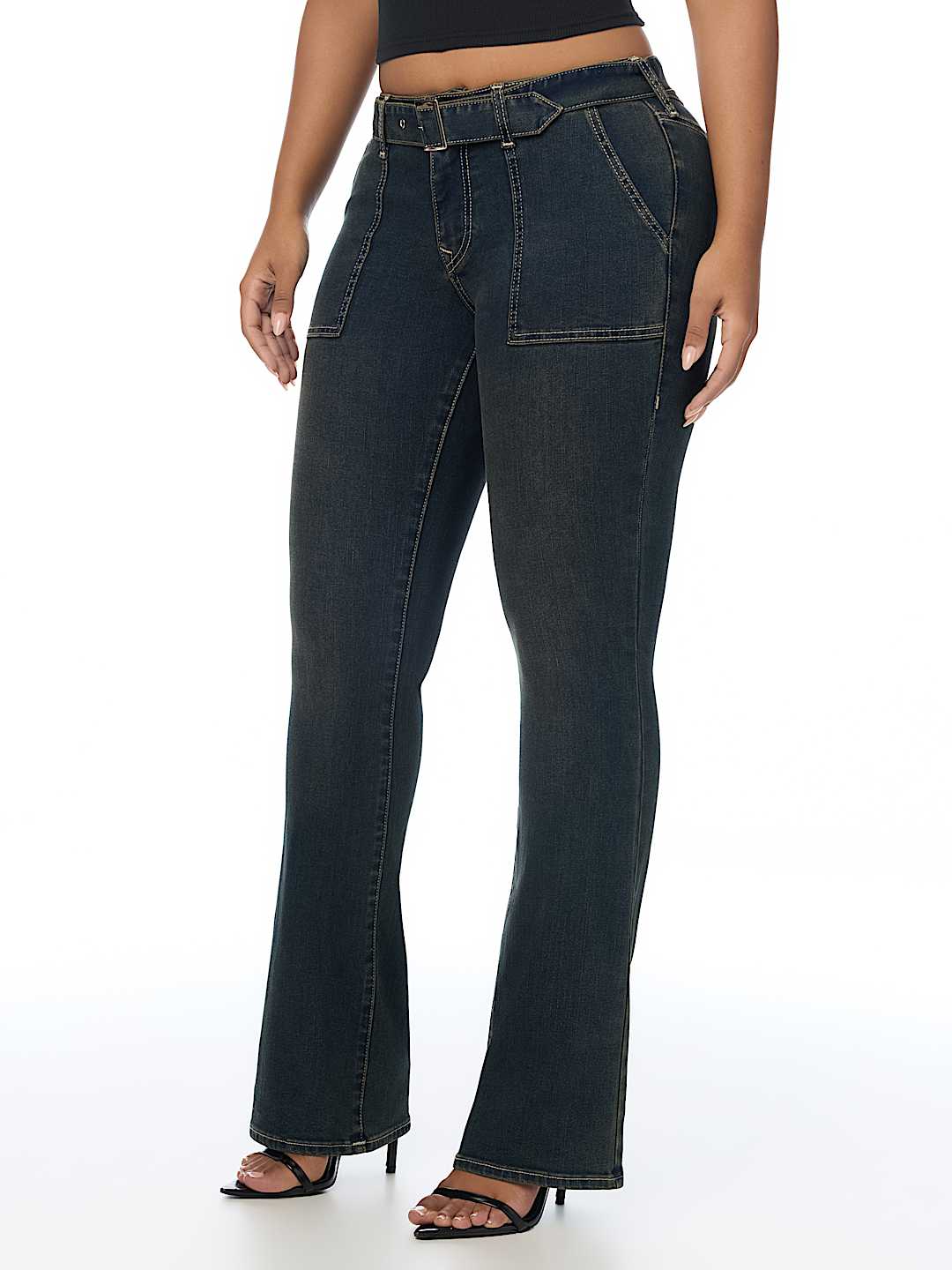 BECCA MID RISE PATCH BELT BOOTCUT JEAN