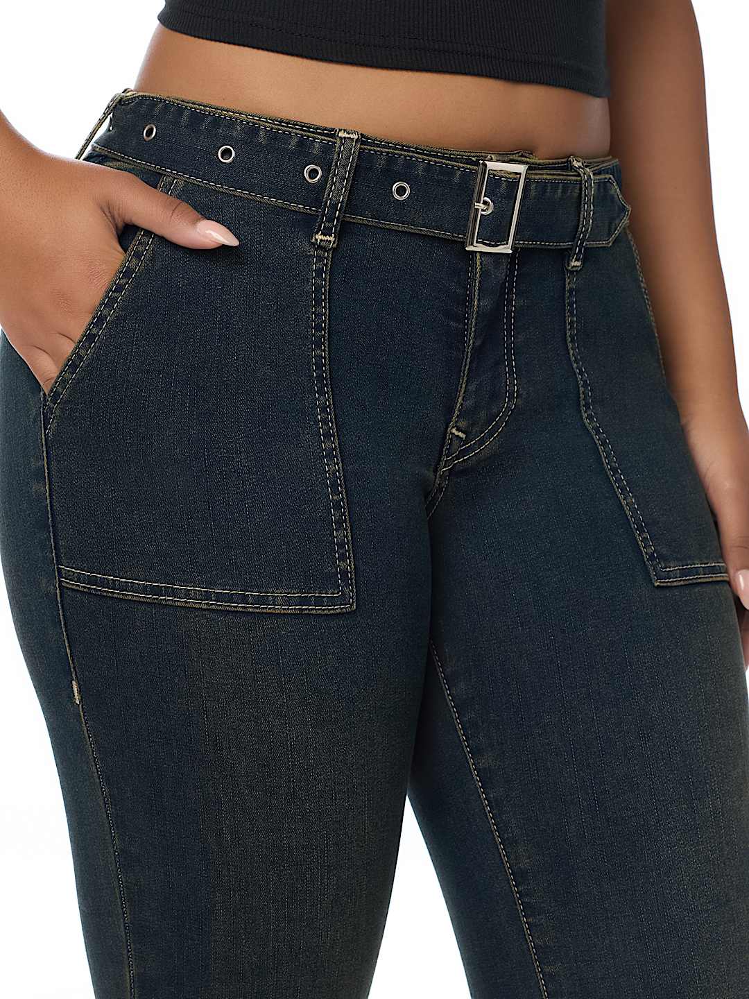 BECCA MID RISE PATCH BELT BOOTCUT JEAN