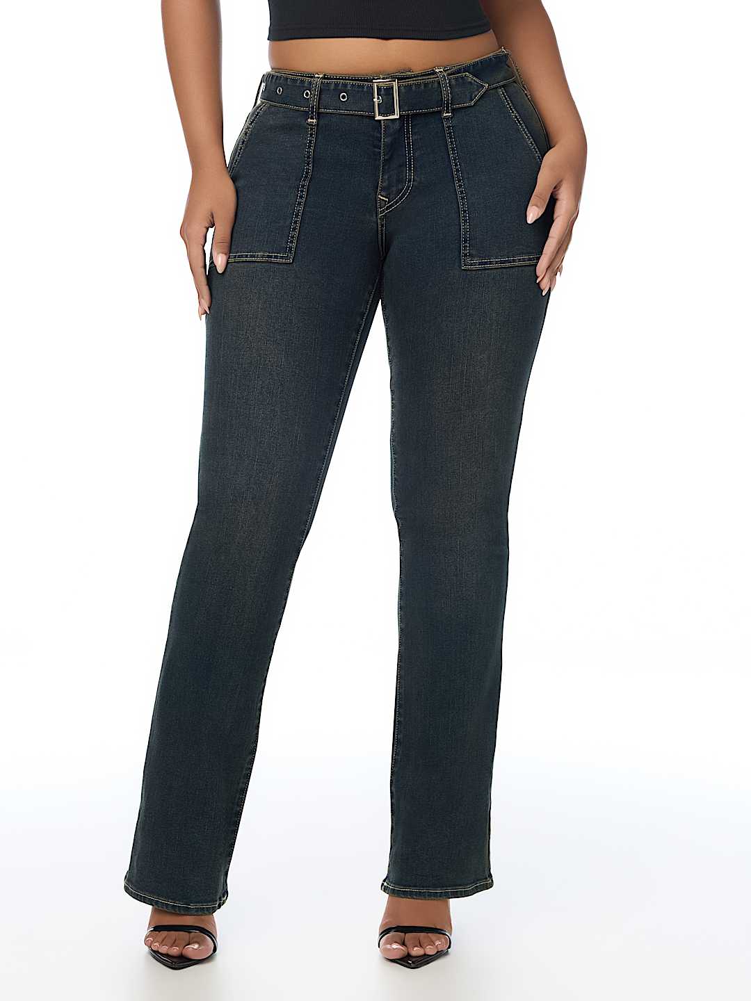 BECCA MID RISE PATCH BELT BOOTCUT JEAN