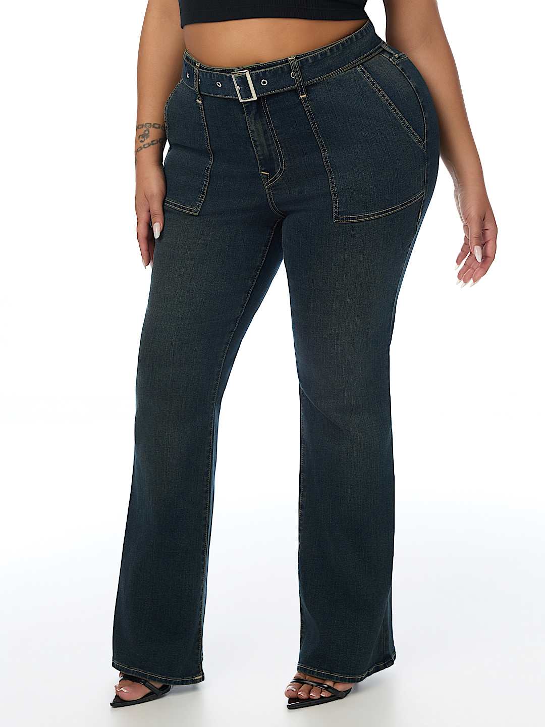 PLUS BECCA MID RISE PATCH BELT BOOTCUT JEAN