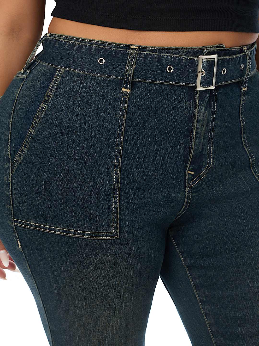 PLUS BECCA MID RISE PATCH BELT BOOTCUT JEAN