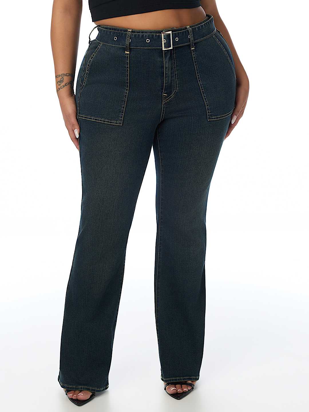 PLUS BECCA MID RISE PATCH BELT BOOTCUT JEAN
