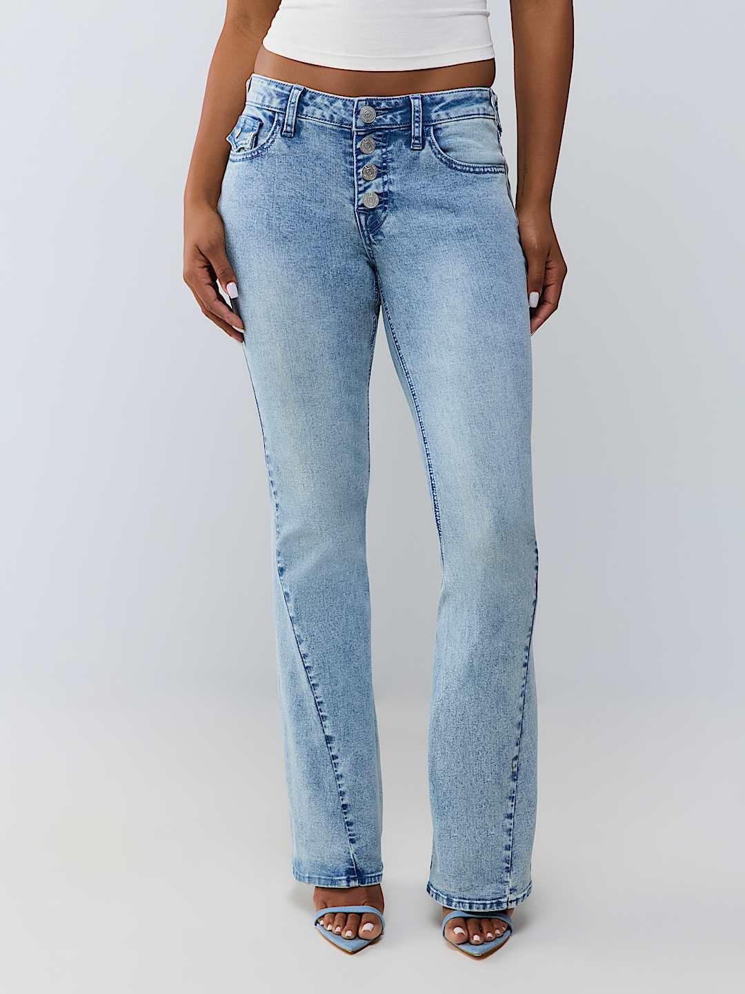 JOEY MID RISE BUTTON-FRONT FLAP FLARE JEAN