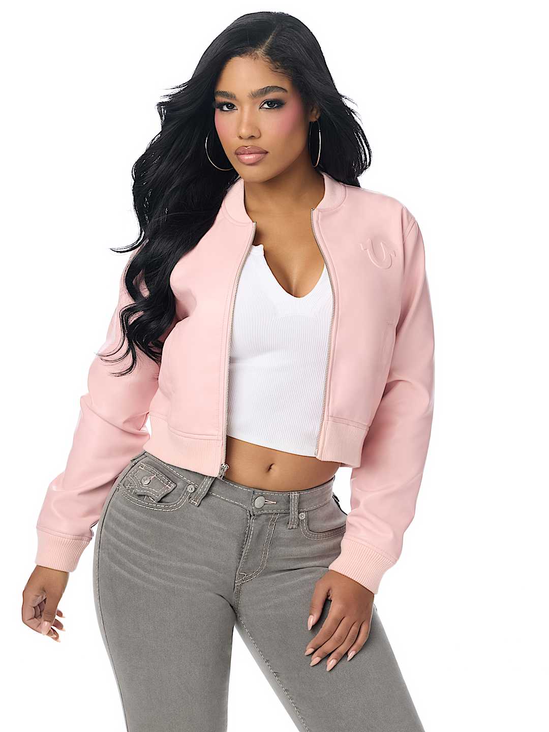 WING EMBOSSED FAUX LEATHER BOMBER JACKET