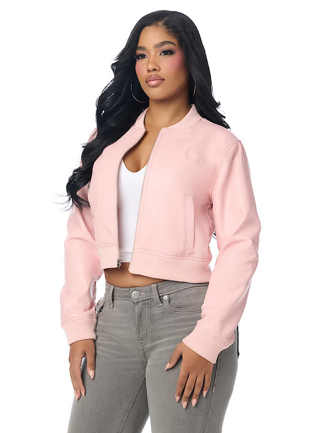 WING EMBOSSED FAUX LEATHER BOMBER JACKET