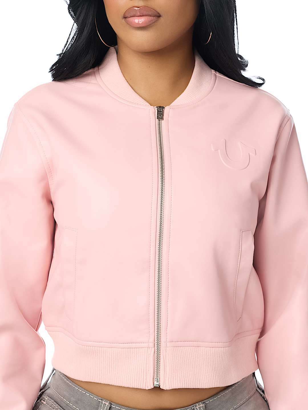 WING EMBOSSED FAUX LEATHER BOMBER JACKET
