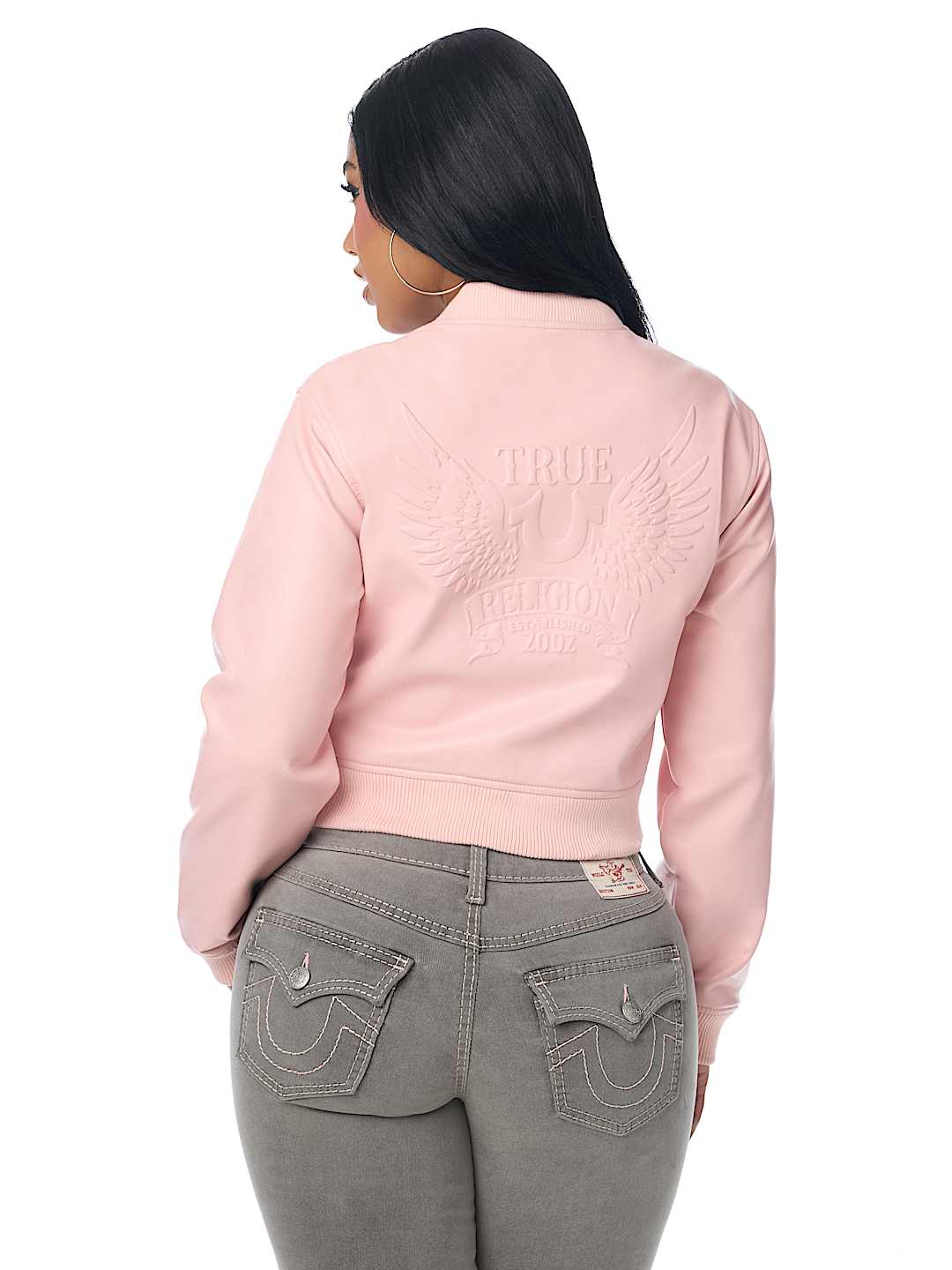WING EMBOSSED FAUX LEATHER BOMBER JACKET
