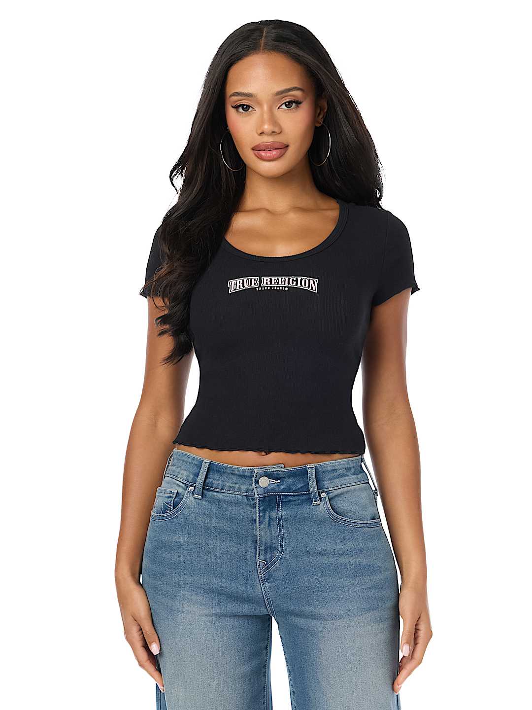 CAMISETA BABY TEE DE BUDA CON CUELLO REDONDO ACANALADA Y FRUNCIDA