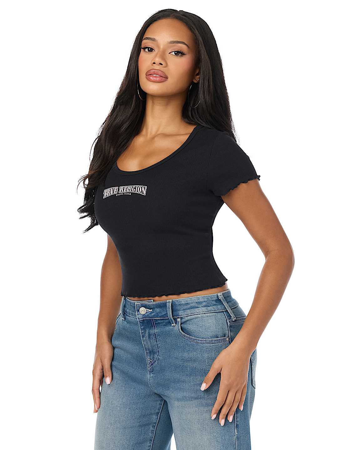 CAMISETA BABY TEE DE BUDA CON CUELLO REDONDO ACANALADA Y FRUNCIDA