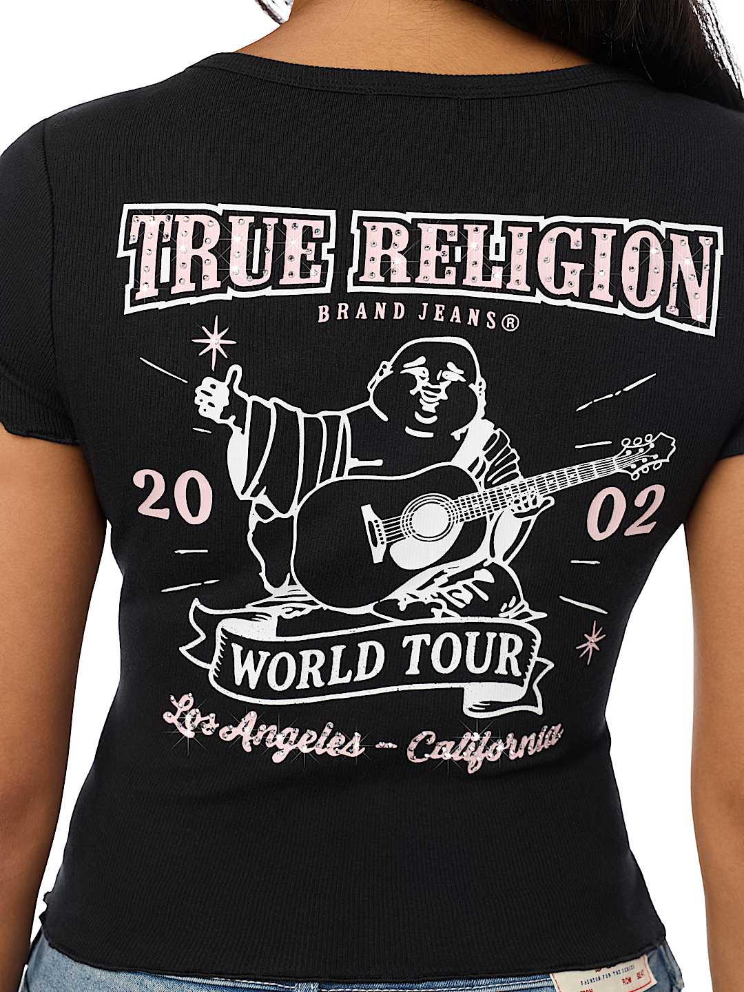 CAMISETA BABY TEE DE BUDA CON CUELLO REDONDO ACANALADA Y FRUNCIDA