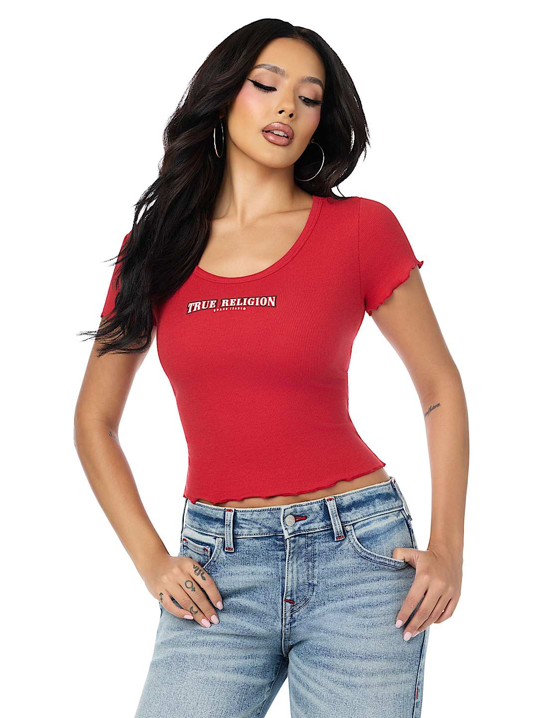 CAMISETA BABY TEE DE BUDA CON CUELLO REDONDO ACANALADA Y FRUNCIDA
