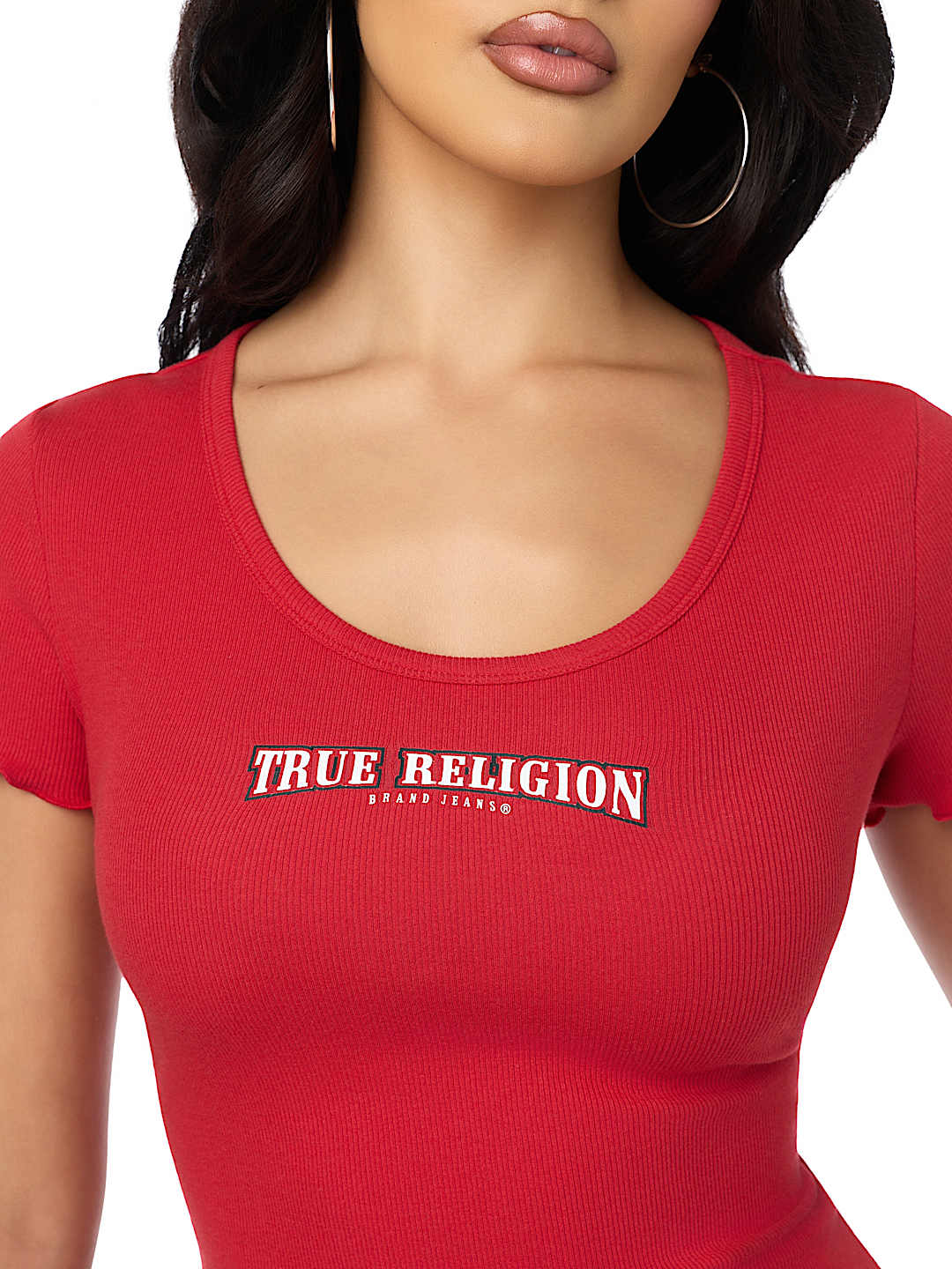 CAMISETA BABY TEE DE BUDA CON CUELLO REDONDO ACANALADA Y FRUNCIDA