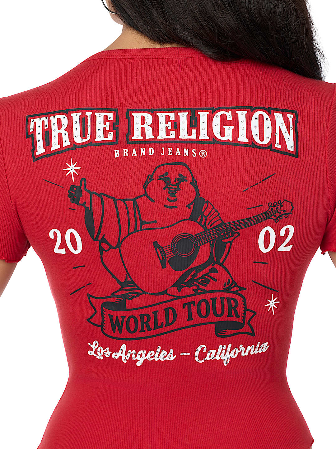 CAMISETA BABY TEE DE BUDA CON CUELLO REDONDO ACANALADA Y FRUNCIDA