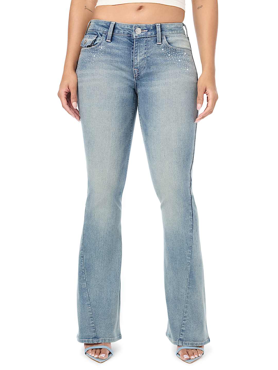 JOEY CRYSTAL MID RISE FLAP FLARE JEAN