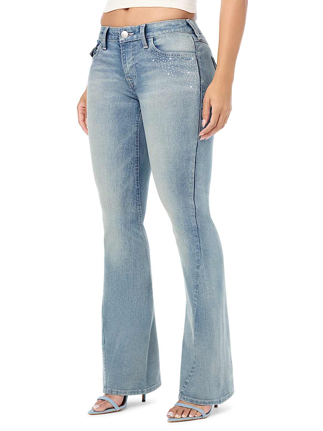 JOEY CRYSTAL MID RISE FLAP FLARE JEAN