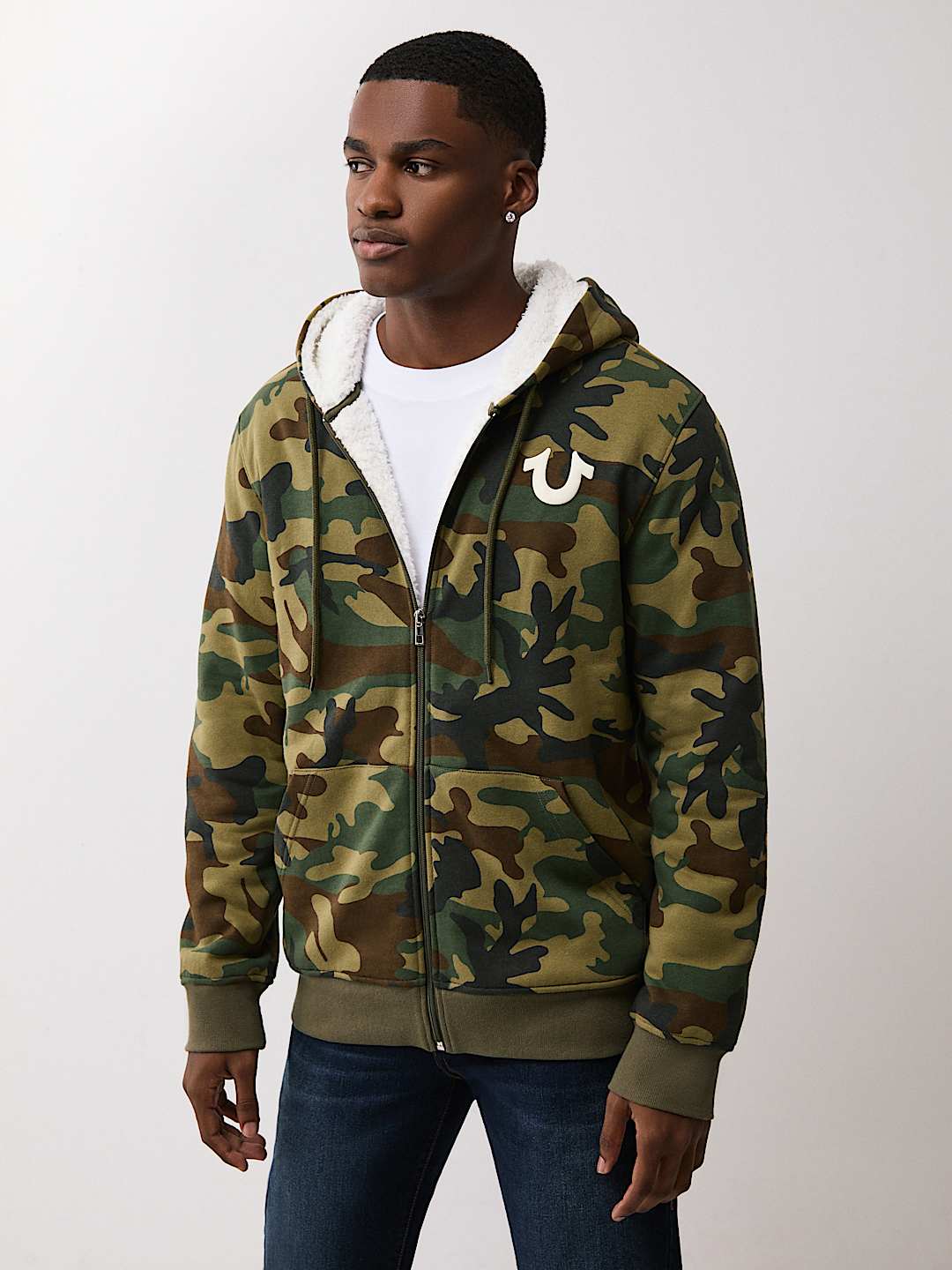 CAMO PRINT SHERPA ZIP HOODIE