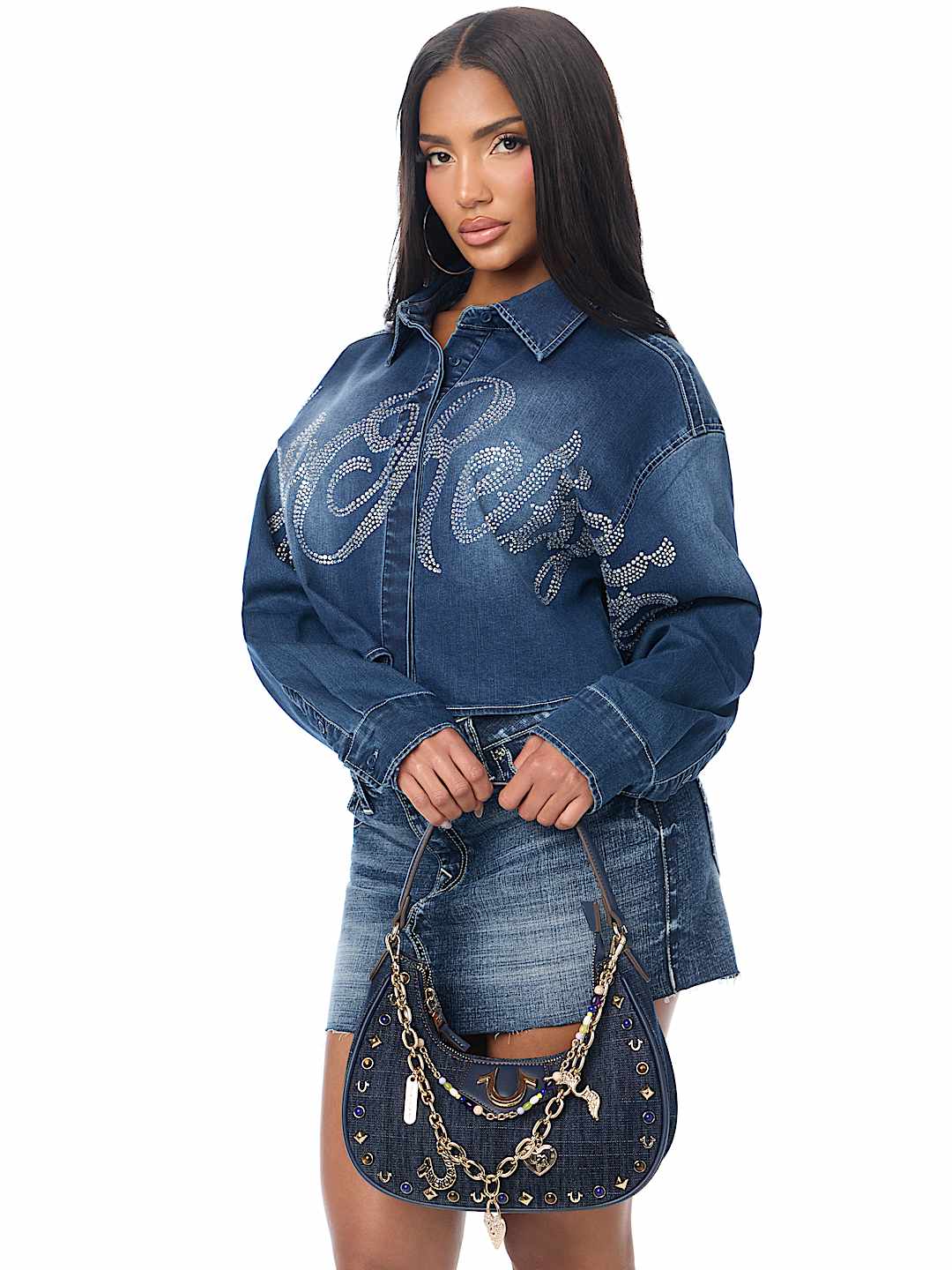 CHAIN AND STUDS DENIM HOBO SHOULDER BAG