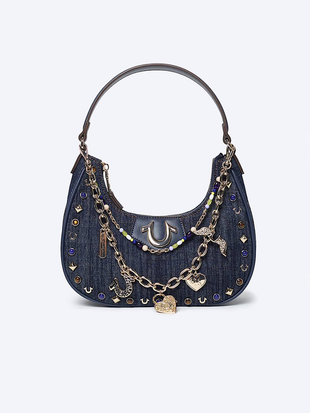 CHAIN AND STUDS DENIM HOBO SHOULDER BAG