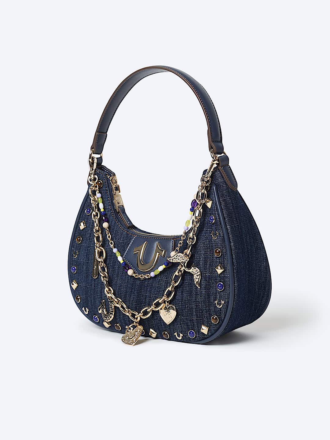 CHAIN AND STUDS DENIM HOBO SHOULDER BAG