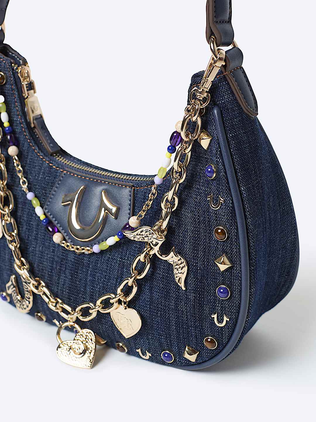 CHAIN AND STUDS DENIM HOBO SHOULDER BAG
