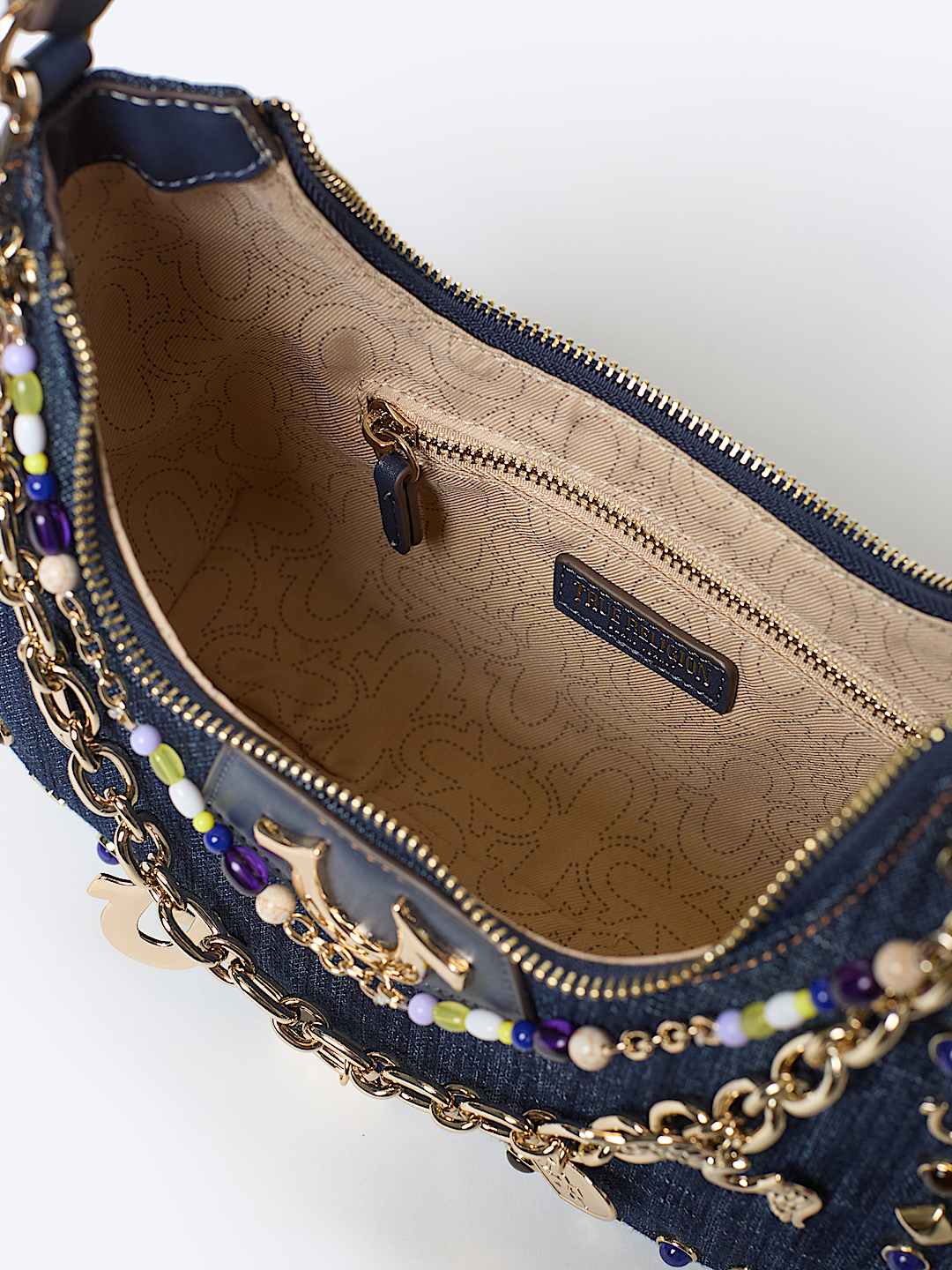 CHAIN AND STUDS DENIM HOBO SHOULDER BAG